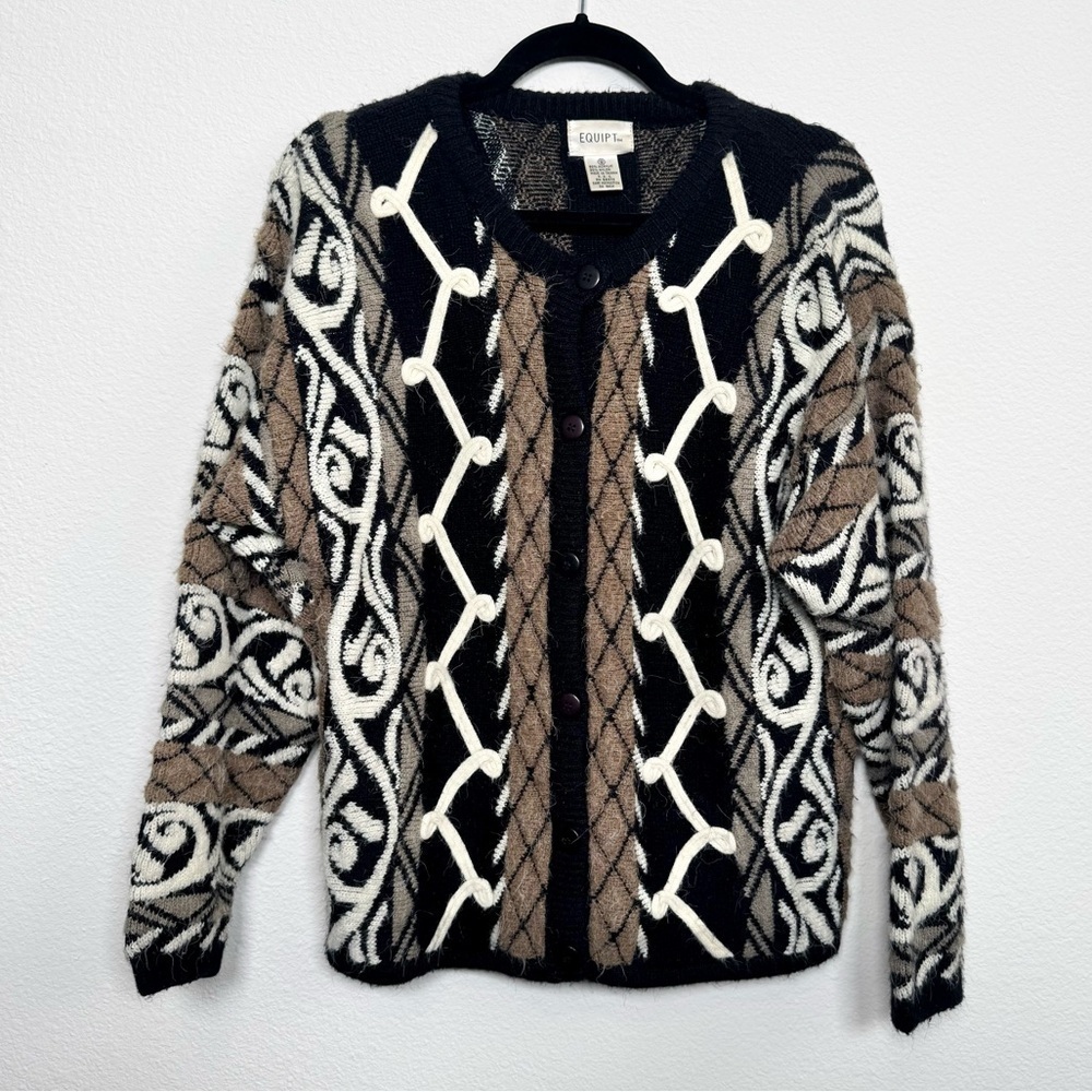 Vintage 90’s Cardigan Chunky Knit Sweater Neutrals Size Large 3D Abstract